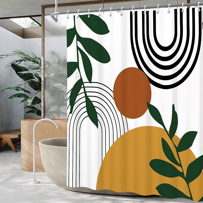 Boho Geometric Shower Curtain White Beige Mid Century Abstract Arch Curve Bathroom Curtain Minimalistic Sun Shower Curtain Sets for Bathroom Extra Long 72x96 in with 12 Hooks