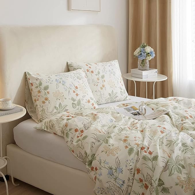 Chic Floral Duvet Cover Full Size Cotton Botanical Floral Bedding Sets Full Vintage Style Aesthetic Floral Comforter Cover Garden Flower Branches Pattern Full Bedding Sets with Zipper Closure 4 Ties