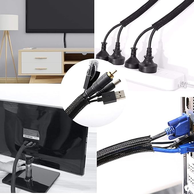 25ft – 1" Split Braided Cable Sleeve – Self-Wrapping Wire Loom Cord Protector for Power Cords, PC, TV, Automotive, and Audio Cable Management – Flexible Cable Organizer – Black
