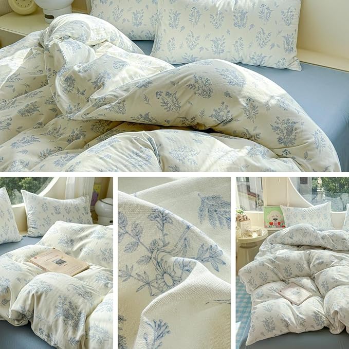 LifeTB Muslin Duvet Cover Set Full Vintage Botanical Floral Duvet Cover 100% Cotton Linen Feel Flower Bedding Set Super Soft Gauze Comforter Cover Breathable Lightweight Cottagecore Bedding Set