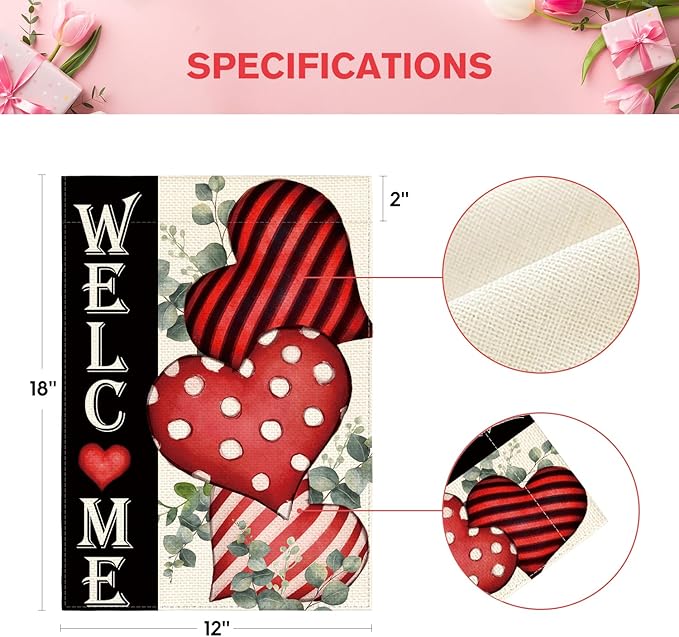 AVOIN colorlife Valentines Day Welcome Garden Flag 12x18 Inch Outside Double Sided, Anniversary Love Heart Rustic Yard Outdoor Decoration