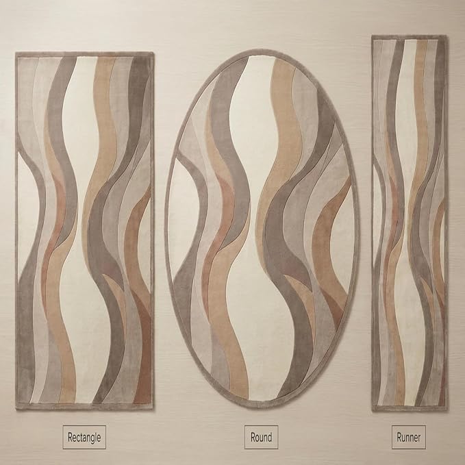 Geometric Multicolor Hand Tufted Wool Area Rug Modern Style Curve Pattern Warm Backing Floor Rug for Bedrooms Lounge Entryways & Gallary 7x7 Feet