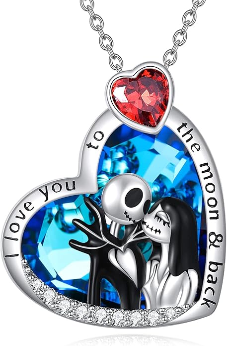 LILALO Christmas Gifts Nightmare Necklace Sterling Silver Abalone Shell Crystal Jack and Sally Necklace Jack Skellington Skull Jewelry Skull Necklaces for Women