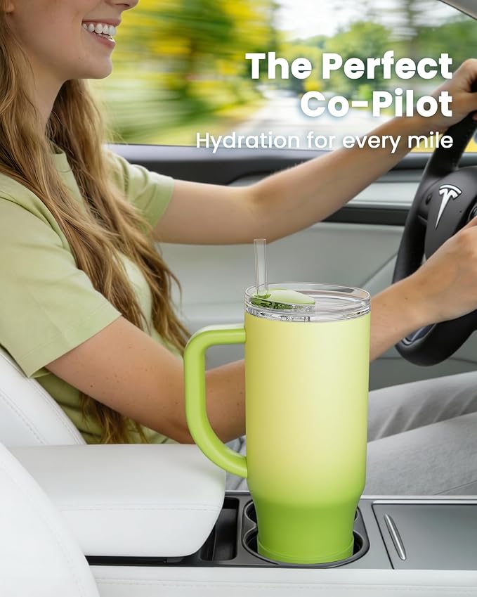 Renoj Tumbler with Handle 100% Spill Resistant Insulated Water Bottle for Iced Coffee & Hot Drinks - Fits Car Cup Holder, Ideal Gift, 2 Straws & Silicone Boot BPA-Free - FlexSlide Green Gradient 32 oz