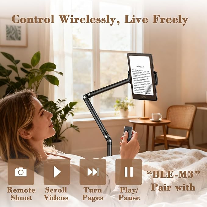 iBooMas iPad Stand,Tablet Floor Stand with Wireless Remote, Full-Angle Adjustable Overhead Phone Mount for Bed, 66" Tall Metal Stand with Heavy Base for iPad iPhone Kindle 4.7-12.9 Inch