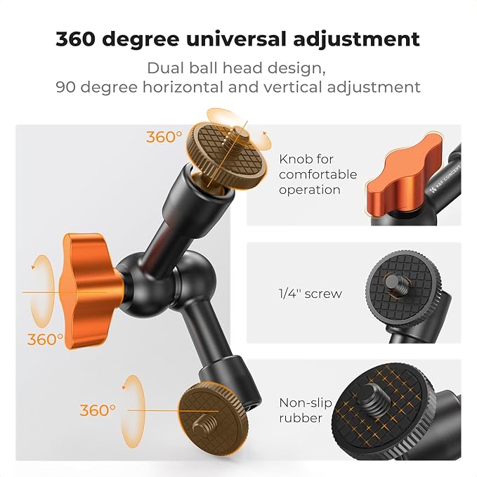 K&F CONCEPT 6" Magic Arm Kit 1/4" Screw 360°Ballhead Articulating Mini Arm Mount for Monitor, LED Light, Webcam
