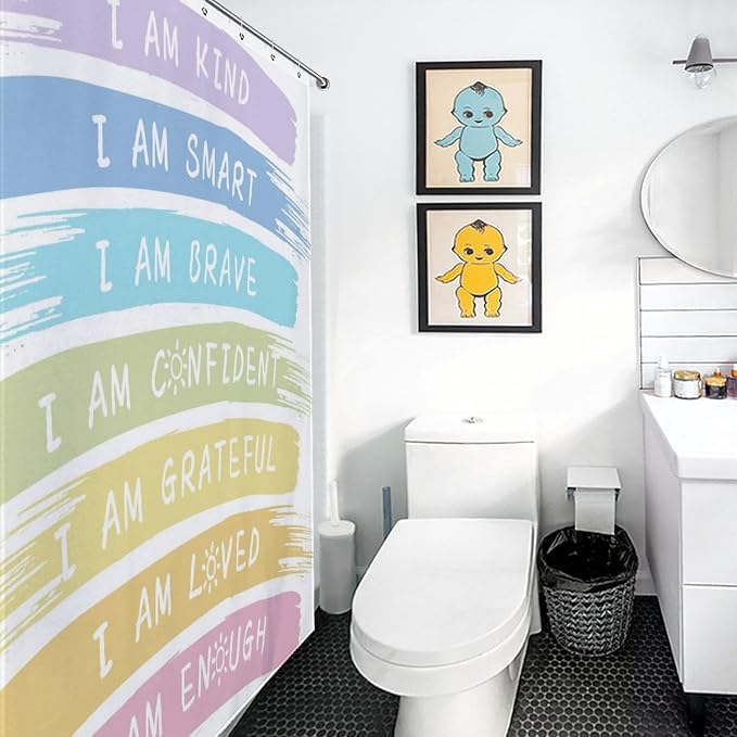 Rainbow Shower Curtain for Girls Bathroom, Kids Baby Boho Cute Inspirational Motivational Quotes Bohemian Cartoon Colorful Pastel Waterproof Fabric Shower Curtain Set with Hooks, 72"x72" Inch