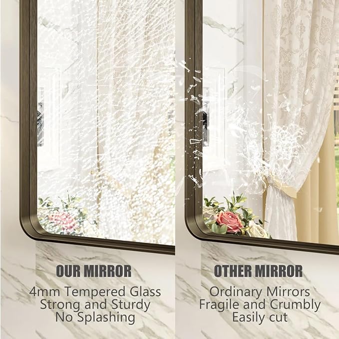 44x36 Bronze Bathroom Mirror, Brushed Metal Bathroom Vanity Mirrors for Wall, Rounded Corner Bronze Rectangle Mirror for Farmhouse, Bedroom, Anti-Rust (Horizontal/Vertical)