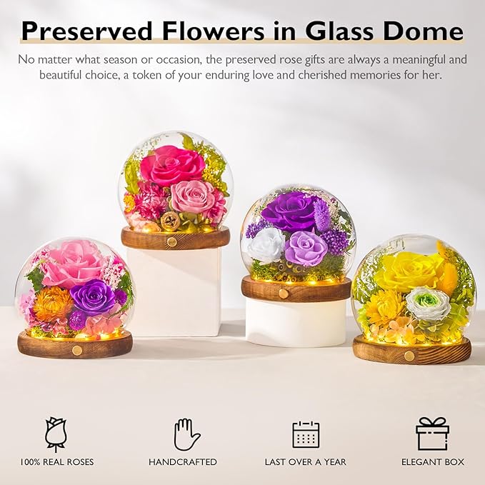 Forever Flowers for Delivery Prime, Preserved Rose in Glass Dome, Gifts for Women Birthday, Long-Lasting Flowers for Mom Wife Grandma Valentine's Day Mother's Day Christmas Anniversary, Yellow