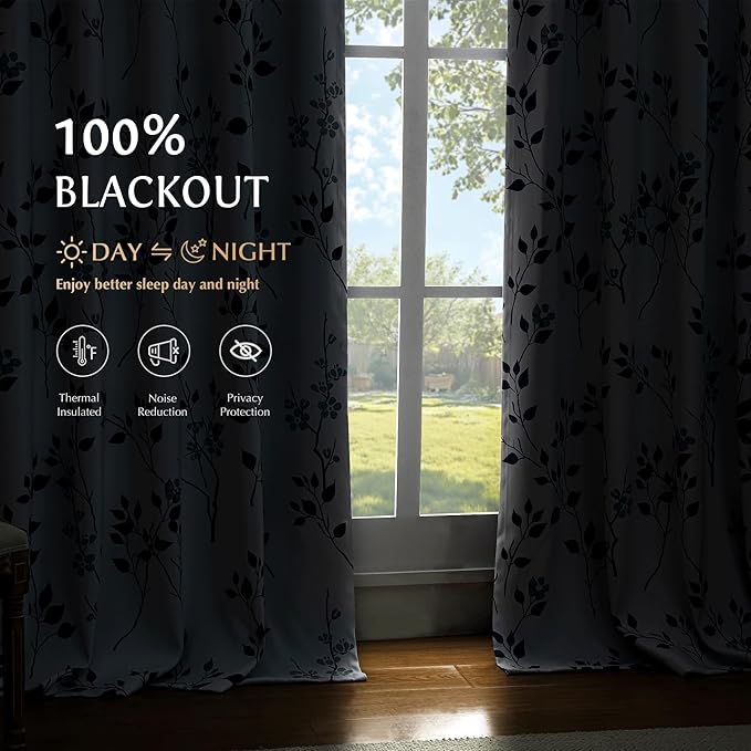 Beauoop Floral 100% Blackout Curtains 54 Inch Length 2 Panels for Bedroom Living Room Navy Blue and White Flower Patterned Room Darkening Thermal Soundproof Grommet Window Treatments Drapes, 52X54