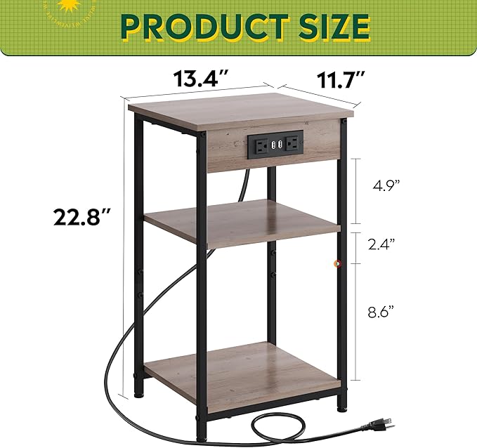 WLIVE End Table with Charging Station, Small Night Stand with 3 Storage Shelves, Side Tables for Small Spaces, Bedside Tables for Living Room, Bedroom, Grey