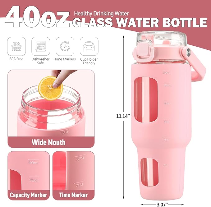 BLUEGO 40oz Glass Tumbler with Lid and Straw, Glass Water Bottles with Handle, Glass Cup with Time Marker and Silicone Sleeve, Fits Most Cup Holder, Leak-proof, Pink