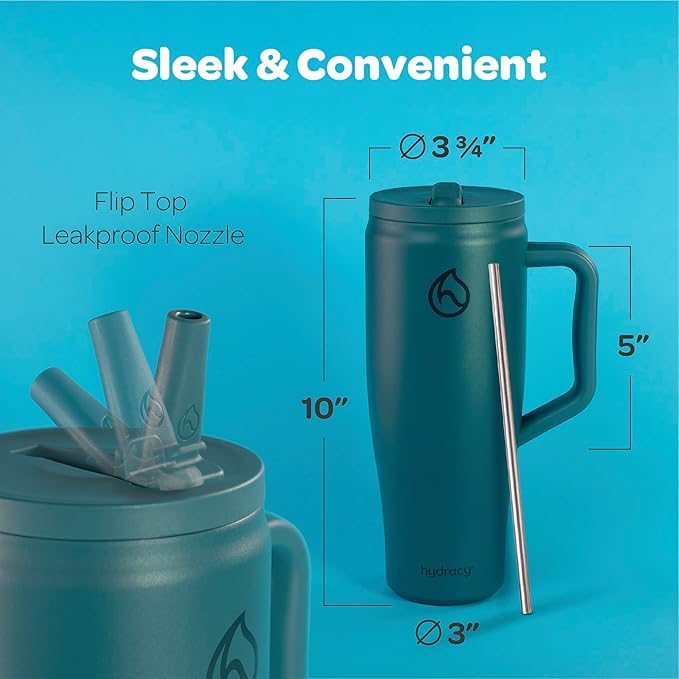 Hydracy Soulmate Insulated Tumblers with Handle and Stainless Steel Straw - 100% Leakproof Reusable Insulated Cup - Cupholder Friendly Rubber Base Travel Mug - Twilight Teal