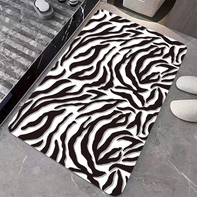 Diatomaceous Earth Bath Mat,Black and White Zebra Print Non-Slip Volume Super Absorbent Fast Drying for Bathroom Kitchen Door mat,Eco-Friendly Easy to Clean 20×31Inch (50 * 80cm)