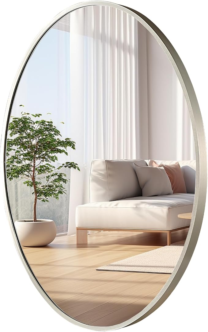 Oval Wall Mirror, 20"x28" Brushed Nickel Vanity Mirror, Bathroom Mirror of Metal Frame, Home Decorative Wall Mounted Mirror for Bathroom, Living Room, Entryway, Vanity