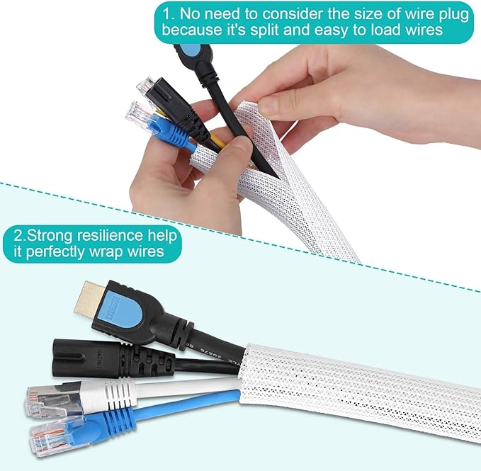 20ft - 3/8 inch White Cable Sleeve, Cable Organizer for Desk PC TV Computer, Wire Protector Cable Wrap Cover, Cord Management for Home Office