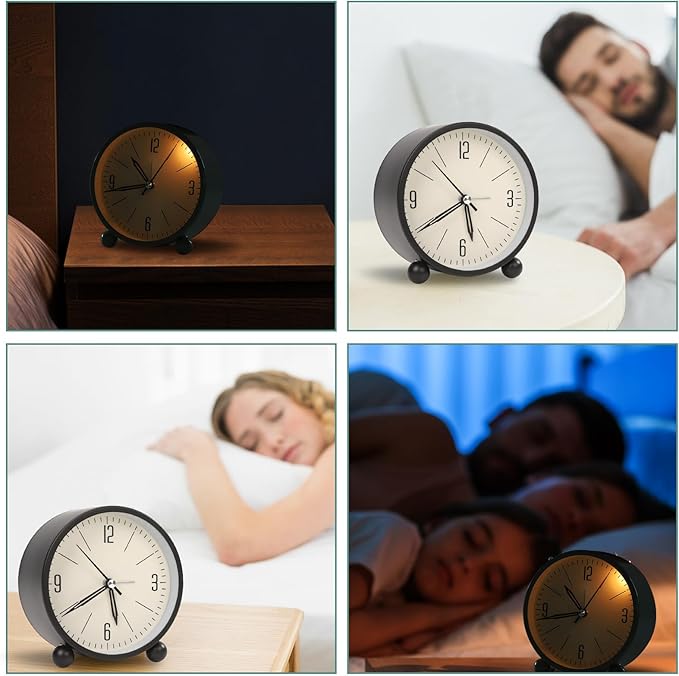 Blusaryme Analog Alarm Clock - 4 Inch Super Silent Non-Ticking, Battery Operated Small Clock with Night Light, Elegant Bedside Desk Clock for Bedroom, Living Room, Office, Student Gift