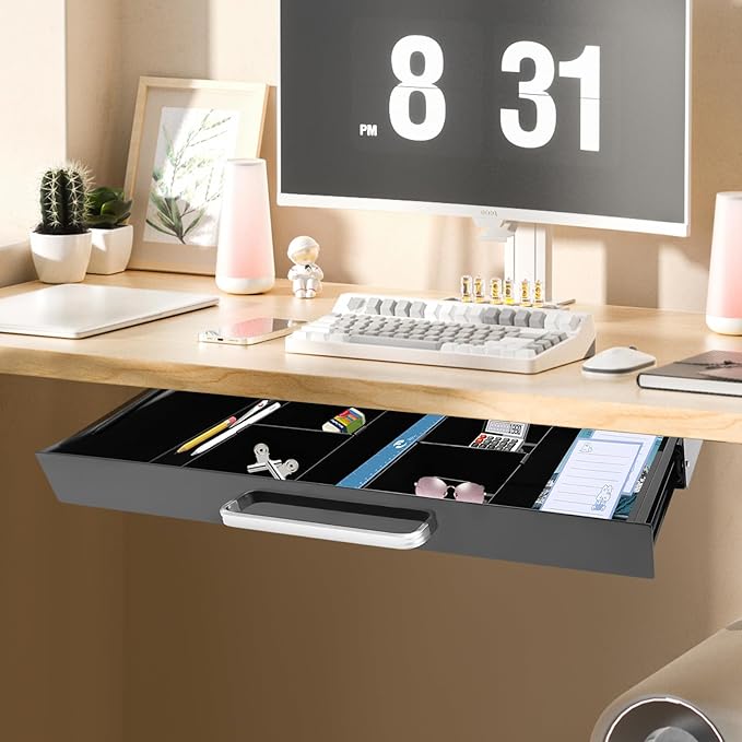 21.5" Under Desk Drawer Slide Out For Office Desk with 2 Dividers, Storage Organizer For Sit Stand Workstation, Black