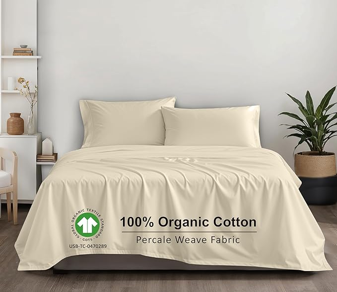 RUVANTI 100% Organic Cotton Sheets Twin Size, Percale Weave, GOTS Certified, 3-Piece Set, Deep Pocket 15", Crisp & Breathable, Soft Durable Bedding, Sábanas Algodón Orgánico – Cloud Cream