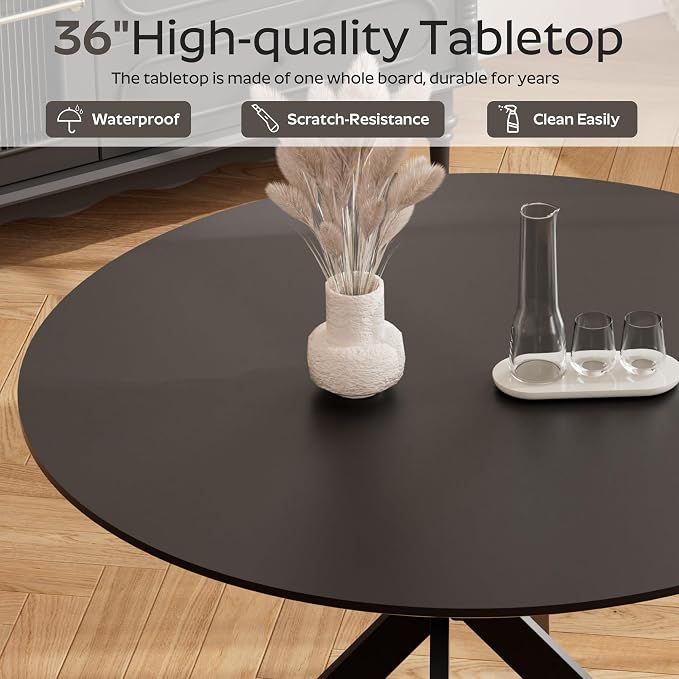 RGZ Mid Century Black Round Dining Table Set for 2, 36" Small Wooden Circle Kitchen Table & 2 White PU Leather Kitchen Chairs, Dinner Table Set for Home, Apartment, Dining Room