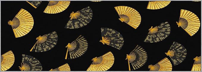 Oriental Fan Runner Rug 2x6, Black and Gold Vintage Asian Design, Japanese Style Area Rug Washable Hallway Rugs Non-Slip Floor Carpet Runner for Bedroom, Narrow Hallway, Kitchen Aisle