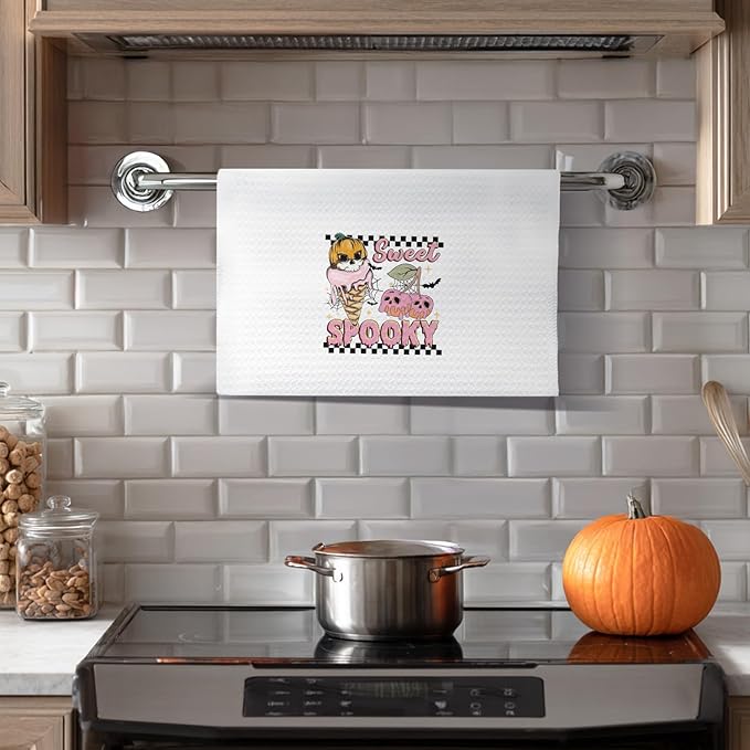 Preppy Halloween Kitchen Towels, Ice Cream Lovers Gifts Dish Tea Towels for Kitchen Decor, Spooky Ice Cream Cherry Halloween Skull Decorative Hand Towel for Bathroom, 16x24 Inches