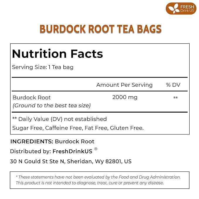 FreshDrinkUS, Premium 75 Burdock Root Tea Bags, 100% Natural & Pure from Burdock Root. Made with Natural Material Tea Bags. No Sugar, No Caffeine, No Gluten, Vegan.