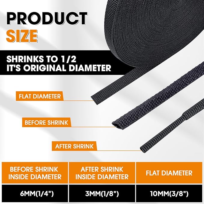 SUNNAREPOON Black 2:1 Ratio Automotive Heat Shrink Braided Sleeving,Wear-Resistant Flat Woven Shrinkable Sleeve Fabric Car Cable Wires Hoses Protection (1/4''-66ft)