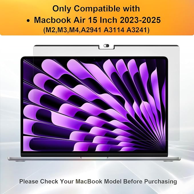 Magnetic 360° Privacy Screen for Macbook Air 15 Inch (2023-2025, M2, M3, M4)), Removable Anti Glare Blue Light Filter, 4 Way Anti Spy Black Protector for Mac Air 15In Laptop Computer