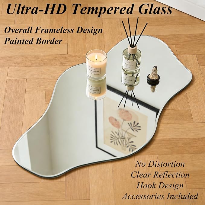 Large Irregular Wall Mirror, 60"x24" Silver Asymmetrical Tempered Glass Mirror, Frameless Organic Shaped Mirrors for Entryway Hallway Bedroom Living Room, Horizontal or Vertical Hanging