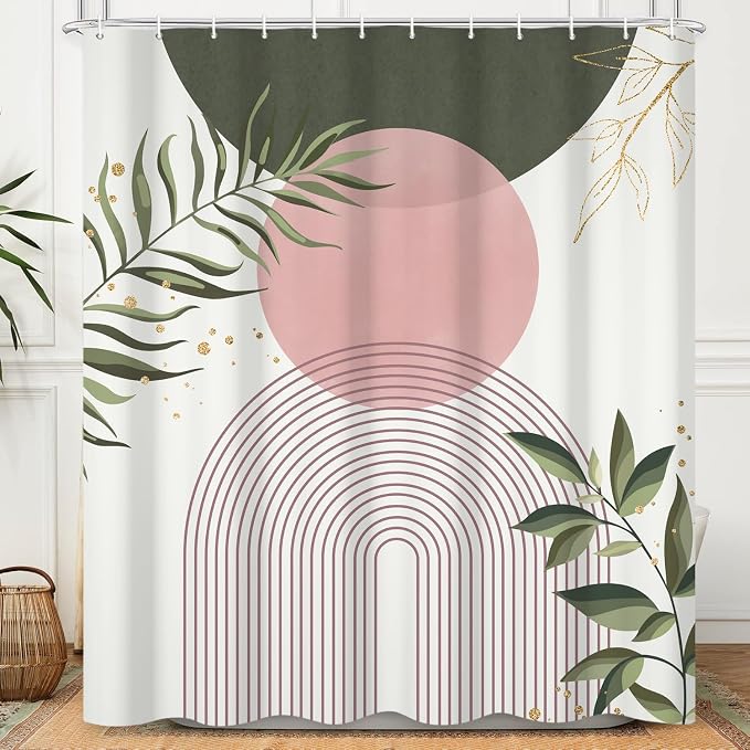 Boho Mid Century Shower Curtain, Pink Modern Minimalist Abstract Geometric Sage Green Gold Plant Leaves Bathroom Curtains Washable Waterproof Fabric Buthtub Curtain Set with Hooks 72" Wx84 L