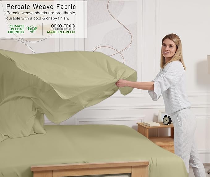 RUVANTI 100% Cotton King Size Sheets Set, 4 Pieces, Soft & Breathable Percale Weave Bedding, Deep Pocket 16", Hotel Standard, Crisp Cool Feel, Durable, Perfect Dyed Bed Sheet, Sage Green