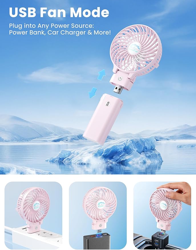 HandFan 5200mAh Handheld Fan Rechargeable, 20H Runtime Hand Fan, 3 Speeds Strong Airflow, Personal 180° Foldable Portable Fans for Travel/Summer/Concerts/Lash/Commute, Gifts for Women (Cherry Pink)