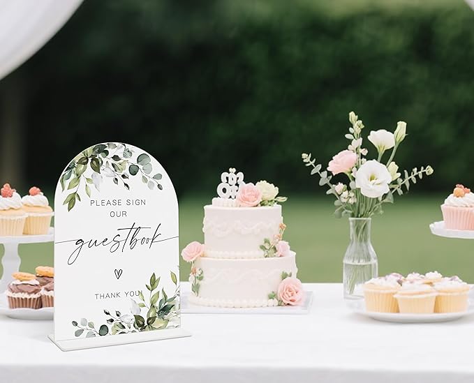 Wedding Signs for Reception, Green Leaves Please Sign Our Guestbook, Wedding Reception Signage, Bridal Shower Table Decorations with Base, Supplies for Proposal, Bridal Shower Events and Ceremony, 14