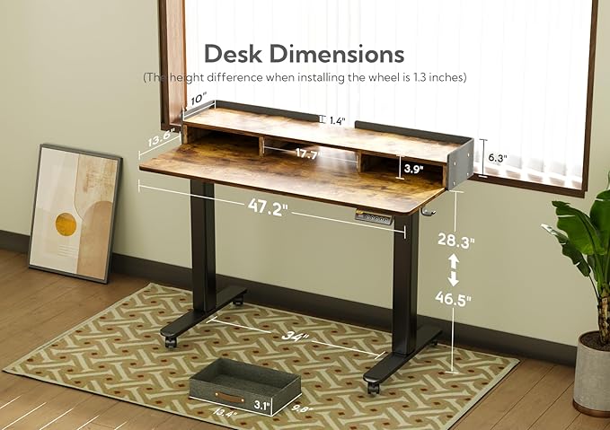 Claiks Standing Desk with Drawers, Stand Up Electric Standing Desk Adjustable Height with Storage Shelf and Splice Board, 48 Inch, Rustic Brown