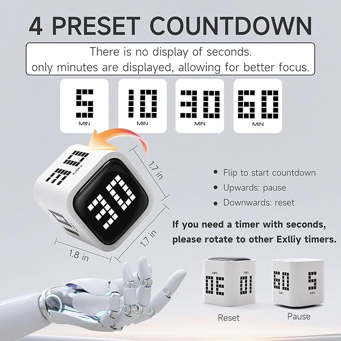 Exlliy Rotating Productivity Timer 5, 10, 30, 60 Minutes Preset, Desk Cube w/Gravity Sensor for ADHD, Mute Functions, Ideal for Work, Study, Kitchen, Back to School (White)