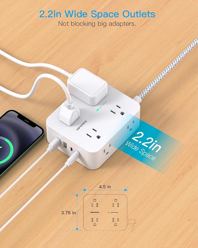 10 ft Extension Cord, HANYCONY 1080J Surge Protector Power Strip Long Cord with 8 AC Outlets and 4 USB Ports (2 USB-C), Wall Mount, Desk Charging Station for Home Office College Dorm Room Essentials