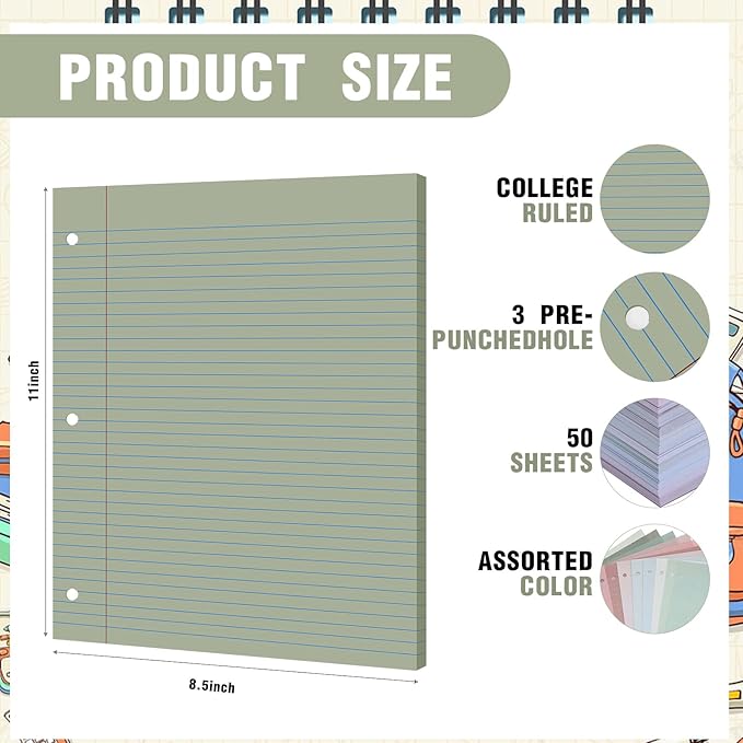 PerKoop 600 Sheets Colored Loose Leaf Paper 8.5" x 11" college ruled Lined 3 Hole Punched notebook Filler Paper for 3 Ring Binders Office School Supplies (Morandi Colors)