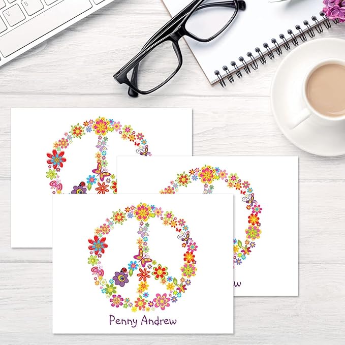 Current Peace Sign Personalized Note Cards - 24 Cards with White Envelopes, 4¼ x 5½ Inch Size, Blank Stationery, Add Names or Text, For Thank You Notes, Invitations, & Announcements