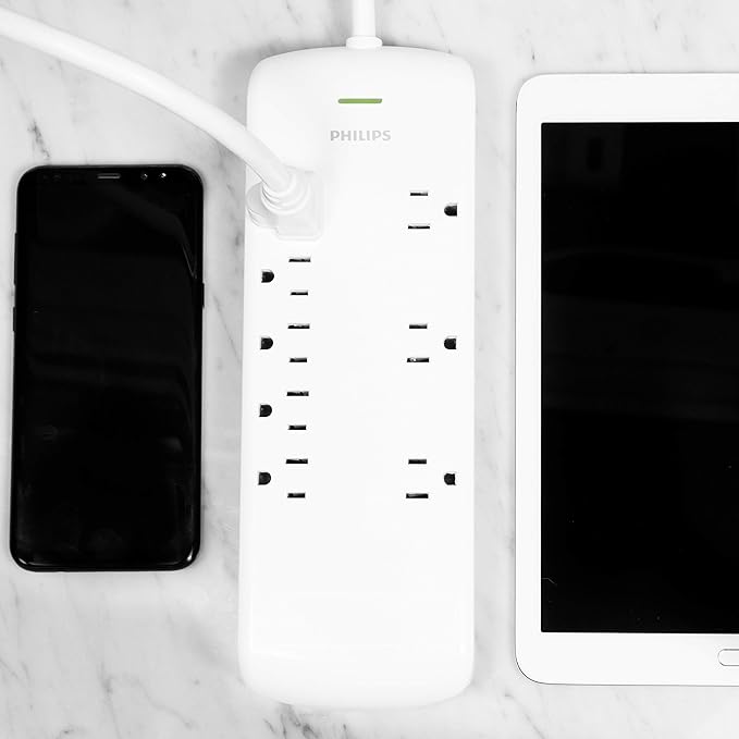 Philips 8 Outlet Power Strip Surge Protector, 8ft Extra-Long Power Cord, Flat Plug, Wall Mount, 2160 Joules, ETL Listed, Circuit Breaker, Automatic Shutdown, White, SPP3086WB/37
