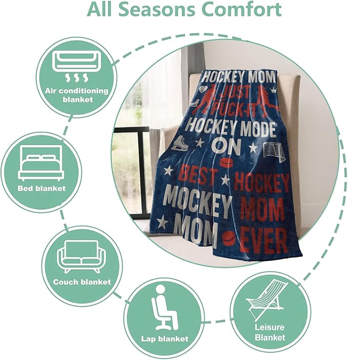Hockey Mom Throw Blanket Gifts for Boys Girls Kids Adults, Hockey Icons Flannel Blankets for Travel Sofa Living Room Decor 40"x50"