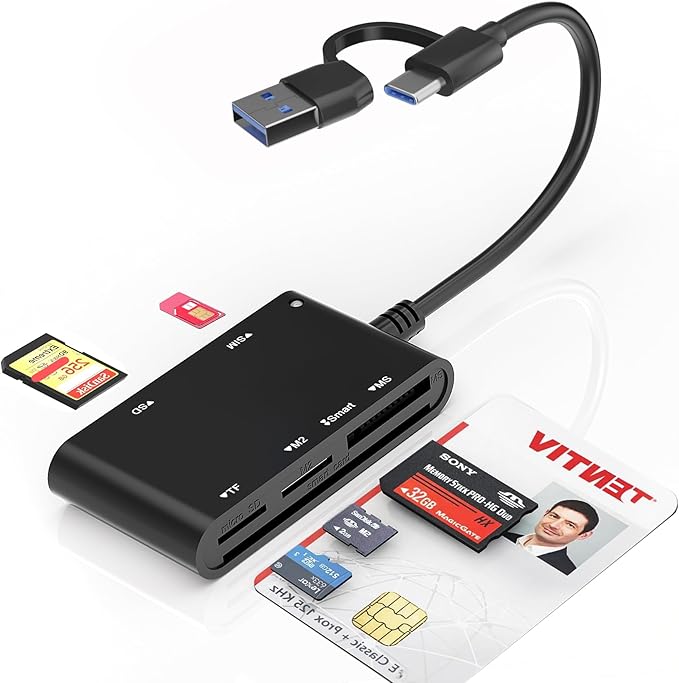 Type C/USB SIM Card Adapter - 7 in 2 CAC Smart Card Reader Military, MS Pro Duo/SD/TF/M2/ID/IC/PIV/SIM Card Reader, Memory Stick Pro Duo Adapter SIM Card Reader for Computer,PC,Windows,Linux,MacOS