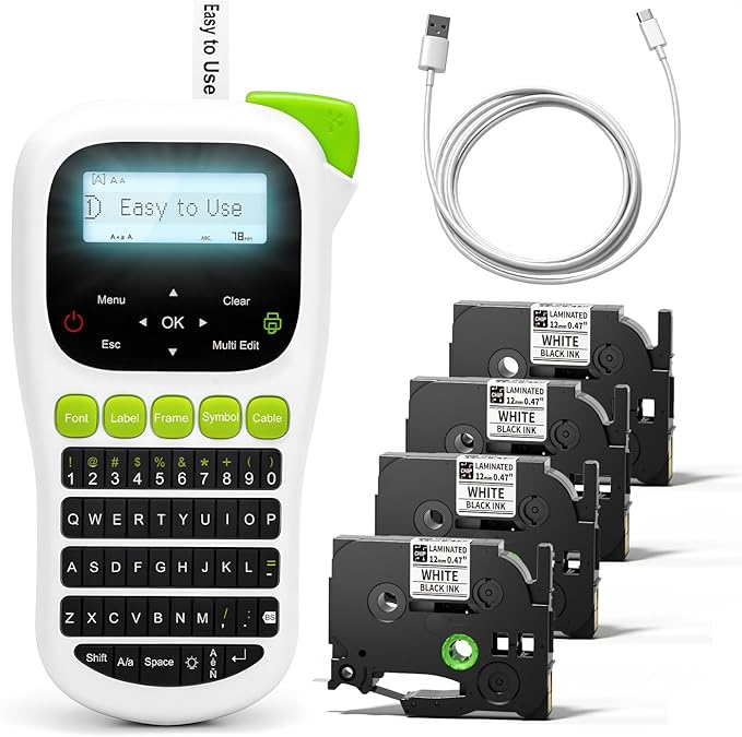 Label Maker Machine with Tapes, Label Maker Bundle 4-Label Tapes Included, Label Maker with Backlit Screen & Waterproof-Labels Laminated, H1100 Handheld Portable Labeler Machine for Home Office Gifts
