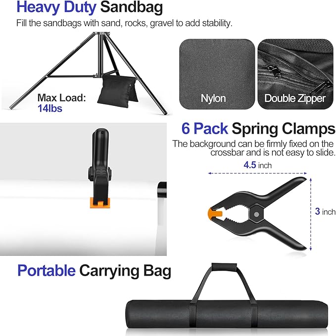 EMART 10x9.2FT Backdrop Stand, Photo Video Studio Adjustable&Lockable Heavy Duty Background Support System Kit with 6 Backdrop Clamps, 2 Sandbag and Carry Bag for Photography, Parties, Wedding, Video