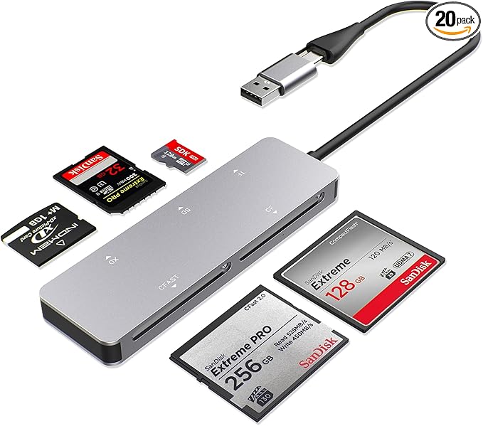 CFast 2.0 Card Reader 5-in-1, USB C USB 3.0 Aluminum Multi-Slot Memory Card Adapter with 5Gbps High-Speed Data Transfer, Simultaneous Reading for CFast/CF/SD/TF/XD Cards