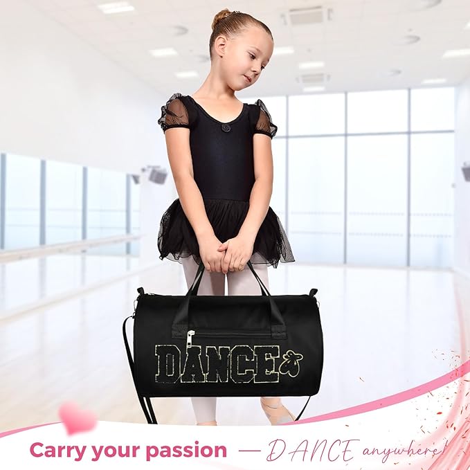Dance Bag for Girls, KUIRAN 23L Waterproof Travel Duffel Bag with Colorful Chenille Letter, Lightweight Small Gym Sport Ballet Weekender Bag with Large Main Compartment - Black/Gold