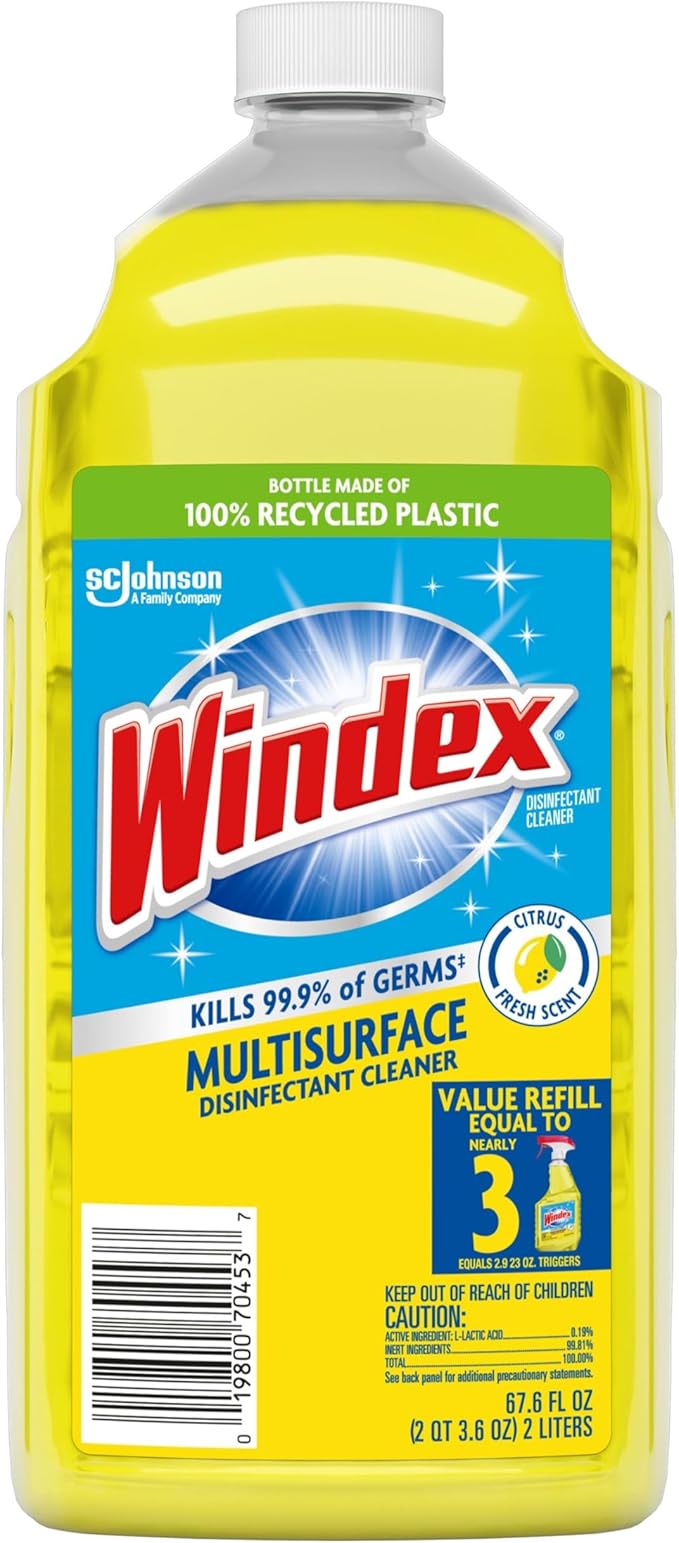Windex Refill Multipurpose Disinfectant Cleaner Spray, Bottle Made from 100% Recycled Plastic, Surface Cleaning Spray, Citrus Fresh Scent, 2L (67.6 Fl Oz)