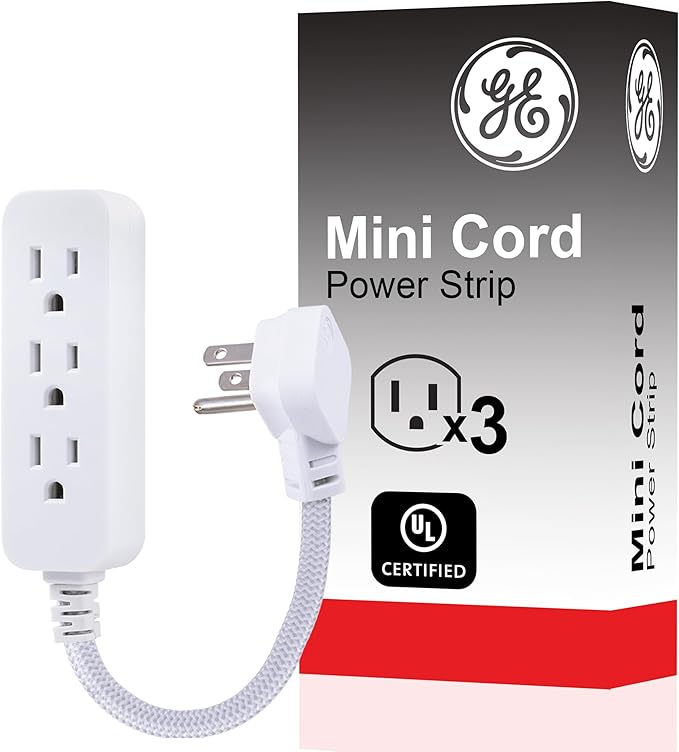 GE Designer 3-Outlet Power Strip, 1 Ft Braided Extension Cord, 3 Grounded Outlets, Flat Plug, Mini Cord, Premium, White, 45190 (Pack of 12)