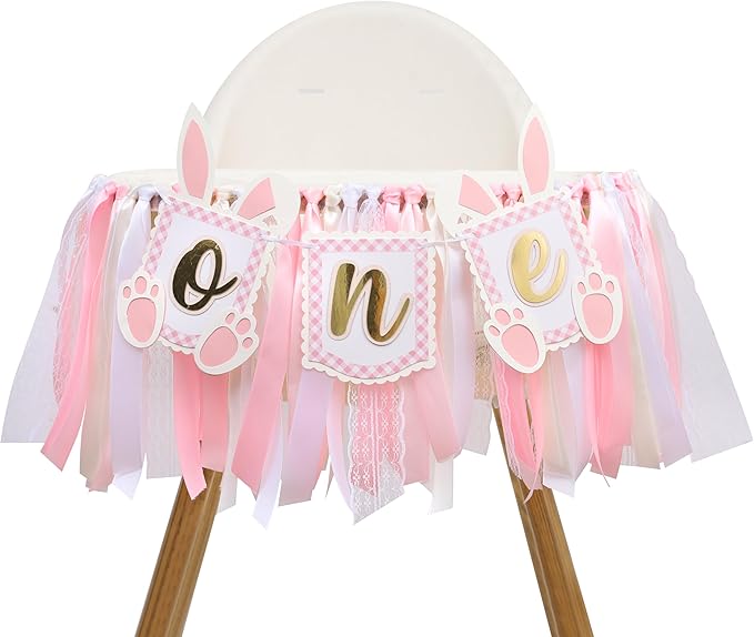 Pink Bunny One High Chair Banner - Some Bunny Is One Banner, Easter Bunny 1st Birthday Highchair Banner, Bunny Princess 1st Birthday Decorations, Pink Ribbon High Chair Garland (Bunny Banner One)