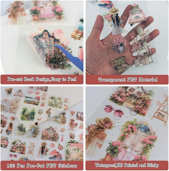 Dwpetzo Summer Beach Pre-Cut Journal Sticker Book for Junk Journaling, Transparent PET Landscape Stickers for Scrapbook Supplies, Scrapbooking, Collage, Planners, Bujo, 20 Sheets